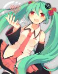  1girl 39 character_name detached_sleeves flower green_hair hair_flower hair_ornament hatsune_miku long_hair nail_polish necktie november-eri red_eyes rose skirt solo thigh-highs twintails very_long_hair vocaloid 