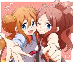  2girls bare_shoulders blue_eyes brown_hair clenched_hand double_bun grin heart high_ponytail looking_at_viewer mei_(pokemon) multiple_girls naru_(andante) no_headwear open_mouth outstretched_arm pokemon pokemon_(game) pokemon_bw pokemon_bw2 raglan_sleeves smile touko_(pokemon) twintails wink 
