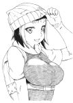  1girl backpack bag beanie breasts character_request hat hat_tip hoodie huge_breasts monochrome short_hair smile solo tsukudani_(coke-buta) 