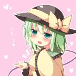  1girl aqua_eyes blush breasts bust commentary_request green_hair hat hat_ribbon heart komeiji_koishi large_breasts long_sleeves looking_at_viewer ominaeshi_(takenoko) open_mouth pink_background ribbon shirt solo touhou wide_sleeves 