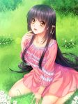  1girl black_hair dress emani flower long_hair orange_eyes original sitting smile solo 