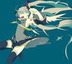  1girl 39 2013 boots dated detached_sleeves green_eyes green_hair hatsune_miku long_hair necktie open_mouth simple_background skirt solo thigh-highs thigh_boots twintails very_long_hair vocaloid yamada_kei 