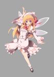  1girl :d absurdres blonde_hair blue_eyes blush bobby_socks bow fairy_wings hat hat_bow highres lily_white long_hair long_sleeves looking_at_viewer multiple_wings open_mouth sakurame simple_background smile socks solo touhou white_legwear wings 