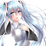  1girl blue_eyes blue_hair detached_sleeves hand_on_own_chest hatsune_miku highres long_hair necktie open_mouth solo twintails vocaloid white_background xayux 