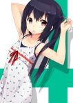  1girl arms_up black_hair blush collarbone hair_tie k-on! long_hair looking_at_viewer maeda_risou nakano_azusa red_eyes solo twintails 
