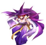 1girl alternate_costume artist_request breasts cleavage detached_sleeves hakama hat highres japanese_clothes kimono large_breasts obi official_art onimusha_soul redhead short_hair simple_background solo tabasa violet_eyes warzard wide_sleeves witch witch_hat 