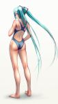  1girl aqua_eyes aqua_hair ass back barefoot blush competition_swimsuit hatsune_miku kneepits legs long_hair looking_at_viewer looking_back one-piece_swimsuit open_mouth solo swimsuit twintails very_long_hair vocaloid wokada 