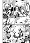  2girls blood highres hinanawi_tenshi injury judo_fuu monochrome multiple_girls onozuka_komachi scarf scythe touhou translation_request 