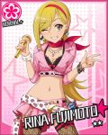  1girl blonde_hair character_name earrings fishnet_legwear fishnets fujimoto_rina grin idolmaster idolmaster_cinderella_girls jewelry jpeg_artifacts long_hair looking_at_viewer microphone midriff nail_polish navel necklace official_art pink_background smile solo star starry_background thigh-highs v wink 