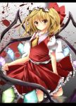  1girl ascot blonde_hair blood blood_splatter blush flandre_scarlet hat hat_ribbon izuru_(timbermetal) kneeling letterboxed looking_at_viewer puffy_sleeves ribbon shirt short_sleeves side_ponytail skirt skirt_set skirt_tug smile solo touhou vest wings yellow_eyes 