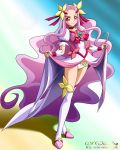  1girl artist_name boots brooch choker cure_flower dress flower hair_flower hair_ornament hanasaki_kaoruko heart heartcatch_precure! highres jewelry long_hair magical_girl onoe panties pink_eyes pink_hair precure smile solo thigh-highs thigh_boots underwear white_panties wrist_cuffs 