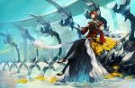  1boy armor flame flower highres kyouka_hatori leggings pixiv_fantasia pixiv_fantasia_sword_regalia redhead short_hair sitting smile solo water yellow_eyes 