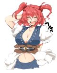  1girl breasts cleavage closed_eyes hand_behind_head iroyopon large_breasts midriff navel onozuka_komachi open_mouth puffy_sleeves redhead scrunchie shirt short_sleeves skirt smile solo touhou two_side_up 