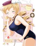  1girl beret blonde_hair breasts cake cleavage closed_eyes coffee cup drill_hair food fork hat jekyll862 long_hair mahou_shoujo_madoka_magica one-piece_swimsuit school_swimsuit smile solo swimsuit tomoe_mami twin_drills 