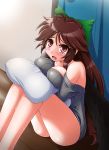  1girl bow breast_press breasts brown_eyes brown_hair cleavage hair_bow highres long_hair open_mouth pillow reiuji_utsuho ribbed_sweater sitting solo sweater tears touhou yazuki_gennojou 