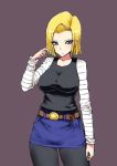  1girl android_18 belt black_legwear blonde_hair breasts buckle dragon_ball dragon_ball_z impossible_clothes impossible_shirt large_breasts long_sleeves miso_(misosiruoisi) pantyhose short_hair skirt solo 