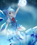  1girl blue blue_eyes blue_hair blue_nails bow cirno dress hair_bow ice ice_wings kiyu_(kiyupapiko) moon night night_sky outstretched_arm reaching short_hair sky smile solo touhou wings 