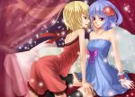  2girls absurdres flandre_scarlet flower hand_on_another&#039;s_face highres multiple_girls no_hat no_headwear remilia_scarlet short_hair sitting touhou yekong 