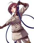  1girl brown_hair gloves highres king_of_fighters red_eyes short_hair simple_background solo whip whip_(kof) white_background yume_no_tanuki 