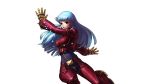  1girl belt blue_hair breasts catsuit chaps cropped_jacket gloves highres king_of_fighters king_of_fighters_xiii kula_diamond long_hair official_art ogura_eisuke snk solo sparkle zipper 