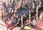  1girl adult alternate_costume bare_shoulders bat_wings blue_hair breasts chain chandelier cross detached_sleeves dress highres holding jewelry large_breasts necklace planted_weapon remilia_scarlet ryu-no short_hair solo spear_the_gungnir spellc standing statue touhou weapon wings 