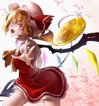  1girl ascot bat blonde_hair coin fangs flandre_scarlet hat hat_ribbon highres kozou laevatein open_mouth outstretched_arm red_eyes ribbon short_hair side_ponytail skirt skirt_set smile solo touhou wings 