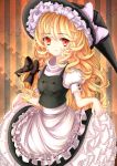  1girl blonde_hair bow curly_hair dress furim hair_bow hat hat_bow highres kirisame_marisa short_sleeves smile solo touhou witch_hat yellow_eyes 