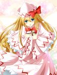  1girl blonde_hair blue_eyes blush box bug_(artist) capelet dress fairy_wings gift gift_box happy_tears hat hat_ribbon highres lily_white long_hair long_sleeves looking_at_viewer object_hug open_mouth petals pink_dress ribbon smile solo tears touhou very_long_hair wide_sleeves wings 