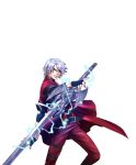  1boy artist_request dante devil_may_cry fingerless_gloves gloves highres jacket leather_pants official_art onimusha_soul rebellion_(sword) red_jacket short_hair solo sword weapon white_hair 