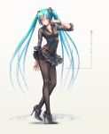  1girl angry blush hatsune_miku high_heels long_hair looking_at_viewer panties panties_under_pantyhose pantyhose shoes simple_background solo striped striped_panties twintails underwear very_long_hair vocaloid white_background wokada 