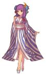  1girl alternate_costume alternate_hairstyle blush crescent double_bun hair_ribbon hair_stick japanese_clothes kimono long_hair mio-muo1206 obi patchouli_knowledge purple_hair ribbon sandals simple_background smile solo touhou violet_eyes white_background yukata 