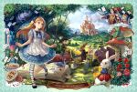  2girls alice_(wonderland) alice_in_wonderland apron blonde_hair blue_eyes book card castle caterpillar_(wonderland) cheshire_cat dormouse dress envelope glasses jabberwock long_hair mad_hatter march_hare multiple_girls mushroom queen_of_hearts rabbit ribbon siro thigh-highs tree tweedledee tweedledum white_rabbit 