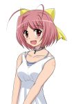  1girl blush bow breasts hair_bow kami_nomi_zo_shiru_sekai looking_at_viewer nakagawa_kanon open_mouth pink_hair short_hair simple_background smile solo v_arms vfenster white_background 