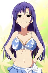  1girl bikini bikini_top breast_padding brown_eyes hands_on_hips highres hitotukinanoka idolmaster kisaragi_chihaya long_hair navel pareo purple_hair ribbon solo swimsuit 