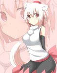  1girl animal_ears arms_behind_back blush detached_sleeves hat highres inubashiri_momiji looking_at_viewer mii pink_eyes shirt short_hair silver_hair skirt smile solo tail tokin_hat touhou wide_sleeves wolf_ears wolf_tail 