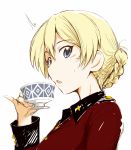  /\/\/\ 1girl blonde_hair blue_eyes blush braid cup darjeeling girls_und_panzer military open_mouth pinky_out sasaki_akira_(ugc) short_hair solo teacup uniform 