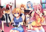  6+girls agekichi_(heart_shape) anceril_sacred animal_ears animal_hat blue_hair brown_eyes brown_hair cat_ears cat_hat cat_tail closed_eyes dog_ears green_eyes hat meiko_(inuarashi) multiple_girls original pink_hair shia_flatpaddy tail tenihaba_nana thigh-highs violet_eyes white_hair 