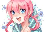  1boy blue_eyes bust face flower hoodie inazuma_eleven_(series) inazuma_eleven_go kirino_ranmaru male open_mouth pink_hair shino_(syllable) simple_background solo twintails white_background 