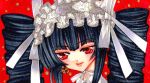  1girl bangs big_hair black_hair blunt_bangs character_request drill_hair earrings face flat_gaze hair_ribbon hairband hime_cut jewelry lilyvanilla lipstick lolita_fashion makeup marker_(medium) red_background red_eyes ribbon smile solo traditional_media twintails 