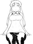 1girl breasts character_request cleavage expressionless headdress large_breasts long_hair looking_at_viewer looking_down minidress monochrome pantyhose sitting solo tsukudani_(coke-buta) 