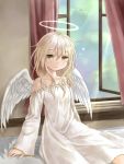  1girl angel angel_wings bed blonde_hair brown_eyes dress halo long_hair original sitting solo window wings yuyuzuki_(yume_usagi) 