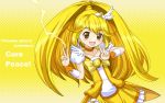  1girl blonde_hair brooch choker crazypen cure_peace double_v dress electricity jewelry kise_yayoi long_hair magical_girl open_mouth pika_pika_pikarin_jankenpon ponytail precure ribbon skirt smile smile_precure! solo text tiara v wrist_cuffs yellow_background yellow_dress yellow_eyes 