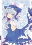  1girl adapted_costume blue_dress blue_eyes blue_hair blush bow capelet cirno dress fang gloves hair_bow hat hat_with_ears looking_at_viewer masirosu open_mouth paw_print smile solo touhou white_gloves 