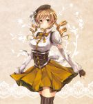  1girl beret blonde_hair breasts corset detached_sleeves drill_hair fingerless_gloves gloves ha_rk hair_ornament hat large_breasts magical_girl mahou_shoujo_madoka_magica pleated_skirt skirt solo taut_shirt thigh-highs tomoe_mami vertical-striped_legwear vertical_stripes yellow_eyes 