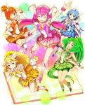  aoki_reika arm_up blonde_hair blush book candy_(smile_precure!) cure_beauty cure_happy cure_march cure_peace cure_sunny dress green_eyes green_hair highres hino_akane hoshizora_miyuki kise_yayoi long_hair magical_girl midorikawa_nao minazuki_randoseru multiple_girls open_mouth ponytail precure skirt smile_precure! waving wink yellow_eyes 