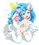  1girl animal_ears blue_eyes blue_hair breasts butterfly cat_ears cat_paws cat_tail fang felicia ichizen_(o_tori) long_hair navel open_mouth paws solo tail vampire_(game) 