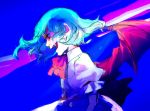  1girl arm_garter bat_wings blue blue_background blue_hair bowtie fangs floating_hair graphite_(medium) highres kodamahikari open_mouth profile puffy_short_sleeves puffy_sleeves remilia_scarlet short_hair short_sleeves side skirt skirt_set solo touhou traditional_media wings 