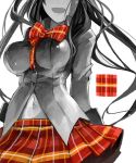  1girl :d bow breasts head_out_of_frame large_breasts long_hair long_sleeves monochrome open_mouth original plaid plaid_skirt pupps simple_background skirt smile solo spot_color white_background 