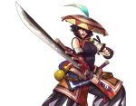  1girl artist_request belt black_hair breasts capcom detached_sleeves fighting_stance gourd hair_over_one_eye hakama hat hat_feather japanese_clothes monster_hunter monster_hunter_portable_3rd official_art onimusha_soul popped_collar ribbed_sweater short_hair sleeveless solo sweater sword weapon yukumo_(armor) 