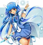  1girl :d aoki_reika bike_shorts blue blue_background blue_eyes blue_hair blush bowtie brooch cure_beauty hair_tubes head_wings ice_sword jewelry long_hair magical_girl matsurinnu open_mouth payot precure reverse_grip shorts_under_skirt skirt smile smile_precure! solo tiara wrist_cuffs 
